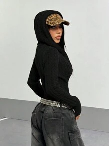 女士复古休闲街头服饰，卡其色纽扣拉链连帽开衫，秋冬 - 黑色 - 查看 2