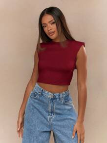 MISSGUIDED 垫肩露脐无袖高领修身夏季基础款背心简约时尚派对俱乐部节日街头风时尚必备圣诞单品 - 紅色 - 查看 1