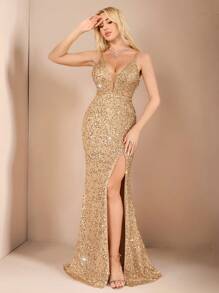 Glamine Váy vàng trang trọng sequin bó sát lấp lánh, váy vàng giản dị hàng ngày, ngày lễ tình nhân - Rượu sâm banh - Xem 4