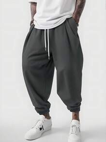 Manfinity Homme Men's Casual Loose Drawstring Waist Banded Hem Pants, Fall - Dark Grey - View 1