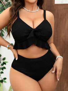 Swim Mod Set Baju Renang Tankini Ukuran Plus dengan Hiasan Pita dan Rumbai untuk Wanita, Pakaian Liburan Manis untuk Pantai, Cocok untuk Liburan Musim Panas di Pantai - Hitam - View 1