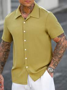 Manfinity Homme Men's Solid Color Button Front Short Sleeve Shirt And Pocket White Pants 2 Pieces Set - Multicolor - View 3