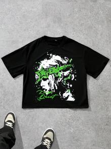 Manfinity EMRG Oversized Short Black T-Shirt With Green Graffiti Woman Figure Print - Black - View 4