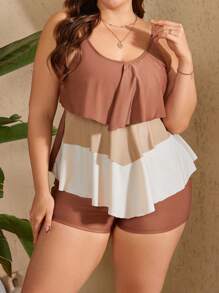 Swim Lushoire Conjunto de tankini de 2 piezas informal con bloque de color, cuello en V y volantes para mujer talla grande en verano - Multicolor - Ver 5