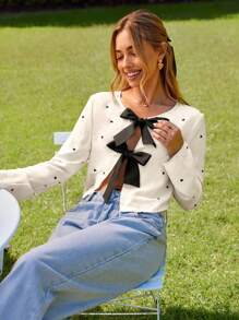 KARISMINA Camisa con nudo delantero y estampado de corazón para mujer, ideal para el Día de San Valentín