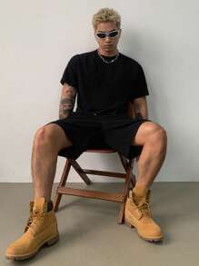 DAZY 2pcs Men's Summer Outfit: Patchwork Contrast Color T-Shirt And Shorts Set - Black - View 5