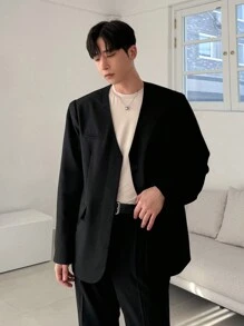 DAZY Chaqueta casual versátil sin cuello negra de moda para hombre, ropa de otoño para ir al trabajo