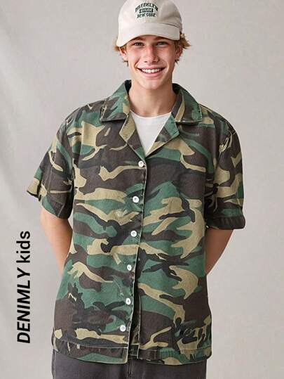 SHEIN Tonårspojke personlig mångsidig mjuk tvättad avslappnad kamouflagetryck kortärmad denimskjorta, lätt sommar