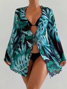 Swim Lushoire 1 件女式夏季热带植物印花深 V 领系腰串珠沙滩罩衫，度假和休闲