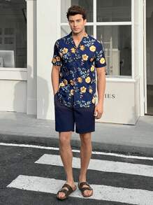 Manfinity NXTstreet 2 Pieces Men's Woven Fitted Regular Shoulder Lapel Long Sleeve Casual Shirt Set, Suitable For Summer. Shirt Set Summer Shirts Beach Shirt - Royal Blue - View 3