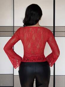 Gloray Women Crew Neck Solid Color Knit Tight Fit Lace Trim Mock Neck Flared Sleeves Blouse Fall Cloth For Women - Red - View 2