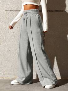SHEIN Tall CURVE 大码女式休闲宽松直筒运动裤 - 淺灰色 - 查看 4