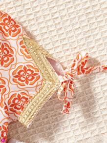 SHEIN Leap Crew Baby Girl Summer Cute Floral Print Ruffle Top, Flare Pants, Mesh Scarf 3pcs Set - Orange - View 3