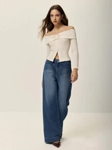 Poéselle Solid Color Off Shoulder Fitted T-Shirt, Simple & Fashionable For Casual Daily Wear