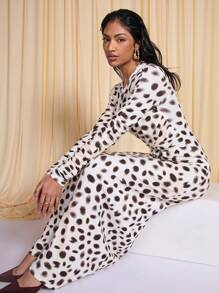 COSMINA 女式褶饰波尔卡圆点长袖连衣裙，春夏 - 彩色 - 查看 1