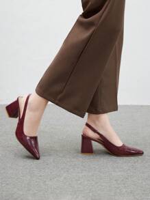 CUCCOO BIZCHIC Burgundy Stone Texture Back Strap Chunky Heel Pointed Toe Pumps, Fashion Dress Pumps For Work, Date, Party, Vacation Spring Shoes Spring Break Easter For Christmas - Burgundy - View 5