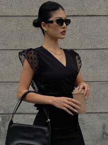 DAZY 性感透明网眼拼布蝴蝶结全身印花 V 领短袖衬衫，女士商务休闲装