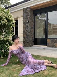 DAZY 网眼连衣裙全身花朵露肩扭纹女式中长连衣裙花卉、婚礼连衣裙、秋季连衣裙长袖连衣裙 - 紫色 - 查看 7