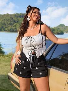 Breezaya Plus Size Zwarte Denim Shorts Met Daisy Borduurwerk Zakken & Trekkoord