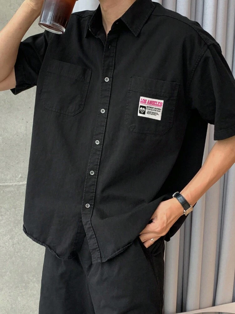 Summer Black Short Sleeve Top & Shorts Matching Set With Shirt For Men