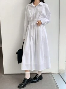 DAZY 休闲宽松纯色衬衫式中长连衣裙，带大口袋，适合女性，秋季商务休闲女装工作服长袖连衣裙/长款连衣裙 - 白色 - 查看 3