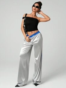 SHEIN ICON Pantalones deportivos sueltos con recorte de tela de color brillante plateado