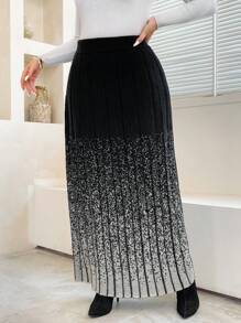 Flirla Plus Size A-Line Ombre Knitted Pattern Casual & Elegant Women Sweater Skirt, Autumn/Winter