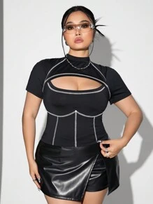 SHEIN ICON Plus Size Women's Fitted Quilted Decorative Neckline Cutout T-Shirt