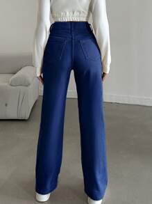 EURMUSE 100%Cotton HIGH RISE BEIGE WIDE LEG PETITE SIZE JEAN - Dark Wash - View 2