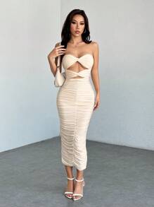 SHEIN PETITE Váy ống thiết kế xoắn khoét rỗng không tay màu trơn - Màu be - Xem 3