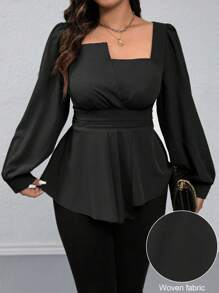 Rometta Blus Kasual Ukuran Besar dengan Bahu Asimetris, Lengan Raglan, Ikat Pinggang, dan Hem Bentuk Lentera untuk Wanita, Pakaian Musim Gugur - Hitam - View 5