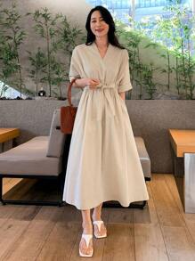 DAZY Damen lässiges Strandkleid aus Leinen mit Kordelzug Taille und einfarbigem Design - Aprikosenfarben - Übersicht 3