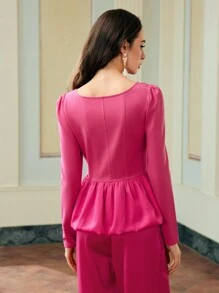 ZEYLAH BLUS LENGAN PANJANG WANITA DENGAN KANCING DEPAN DAN MODEL PEPLUM - Hot Pink - View 5