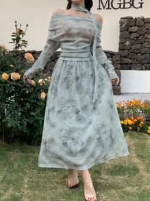 DAZY 两件套女士全印花褶皱系领衬衫和A字裙，秋季女装复活节 - 杏色 - 查看 8