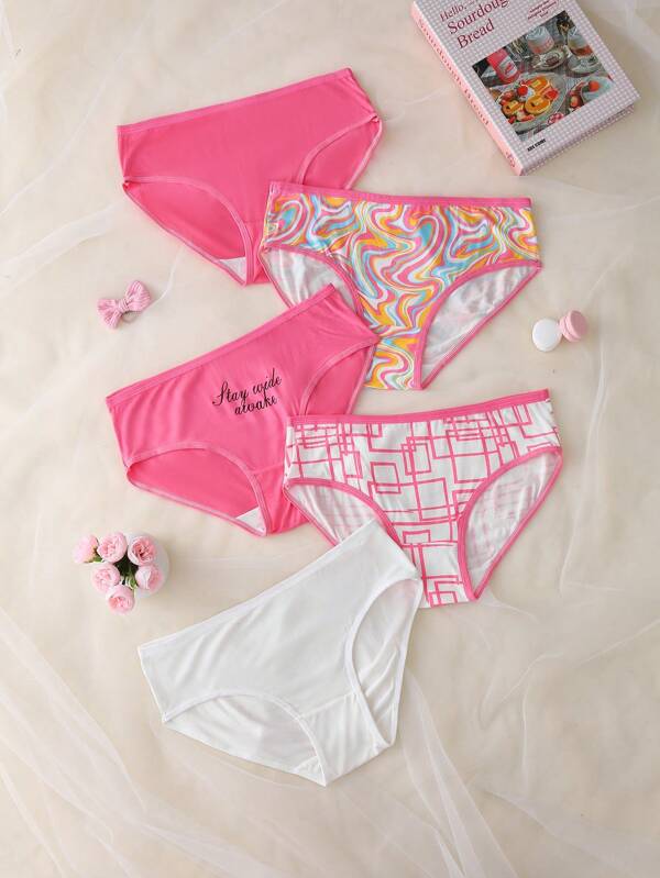 Set de 5 pantis / calzones con diseño de corazón lindo y colorido para mujeres jóvenes, ropa interior