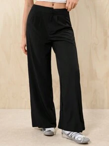 SHEIN EZwear Zipper Fly Fold Pleated Palazzo Pants - Black - View 4
