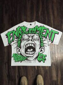 Manfinity EMRG Men's Young Street Style INS Products Oversized Graphic Print Hip-Hop Street Funny Fun Fright Comic Face Letter Pattern Loose White Short Sleeve T-Shirt. Oversized Graphic T-Shir Rapper Tshirt