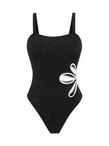Swim Vcay Trang phục đi biển cho nữ với họa tiết lấp lánh thanh lịch màu trơn dây đeo rộng họa tiết hoa rỗng đồ bơi một mảnh phong cách nghỉ dưỡng giản dị - màu đen - Xem 3