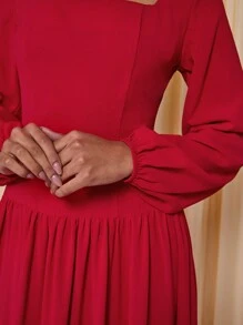 COSMINA Vestido de manga larga con fruncido, rojo, estilo elegante de vacaciones para mujeres, primavera/verano