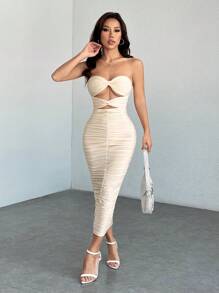 SHEIN PETITE Váy ống thiết kế xoắn khoét rỗng không tay màu trơn - Màu be - Xem 5
