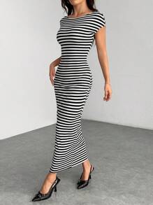 SHEIN PETITE Women's Striped Fitted Long Backless Casual Dress