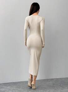 SHEIN PETITE Solid Color Pleated Waist Black Long Sleeve Dress - Apricot - View 2