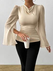 SHEIN LUNE Elegant Apricot V-Neck Draped Waist Ruffle Slit Cape Sleeve Women Top