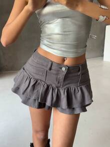 SHEIN EZwear Women's Double-Layer Ruffle Hem Y2K Style Grey Denim Mini Skirt - Grey - View 6