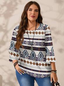 EMERY ROSE 大码女式休闲简约全印花圆领 3/4 袖衬衫，适合秋冬季