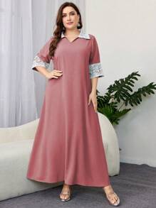 Al Najma Plus Size Plain Color Block Collared Casual Abaya Dress - Dusty Pink - View 4