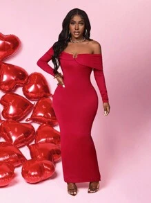 BamGleam 女士新款露肩网眼长袖紧身红色情人节连衣裙蛇年金属装饰图案，适合新年派对、除夕、聚会 - 紅色 - 查看 5