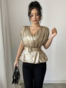 Elenzga Blusa elegante y casual de unicolor con estampado de lámina metálica, cruzada al frente, hombros fruncidos, botones falsos de cuerno y cintura atada, diseño corto, ideal para vacaciones o uso diario, San Valentín