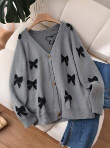 CosyJoli Plus Size Bow Detail Front Button Long Sleeve Casual Blouse - Grey - View 5