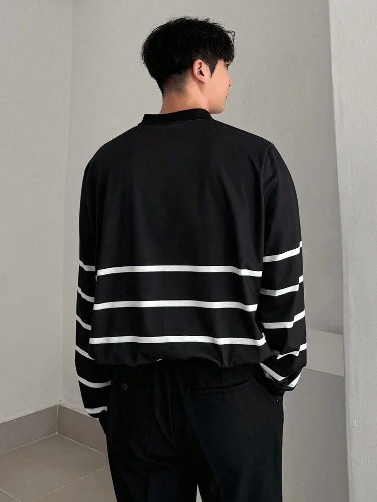 Men's Black And White Striped Polo Long Sleeve Casual Commuter Shirt,Fall Clothes